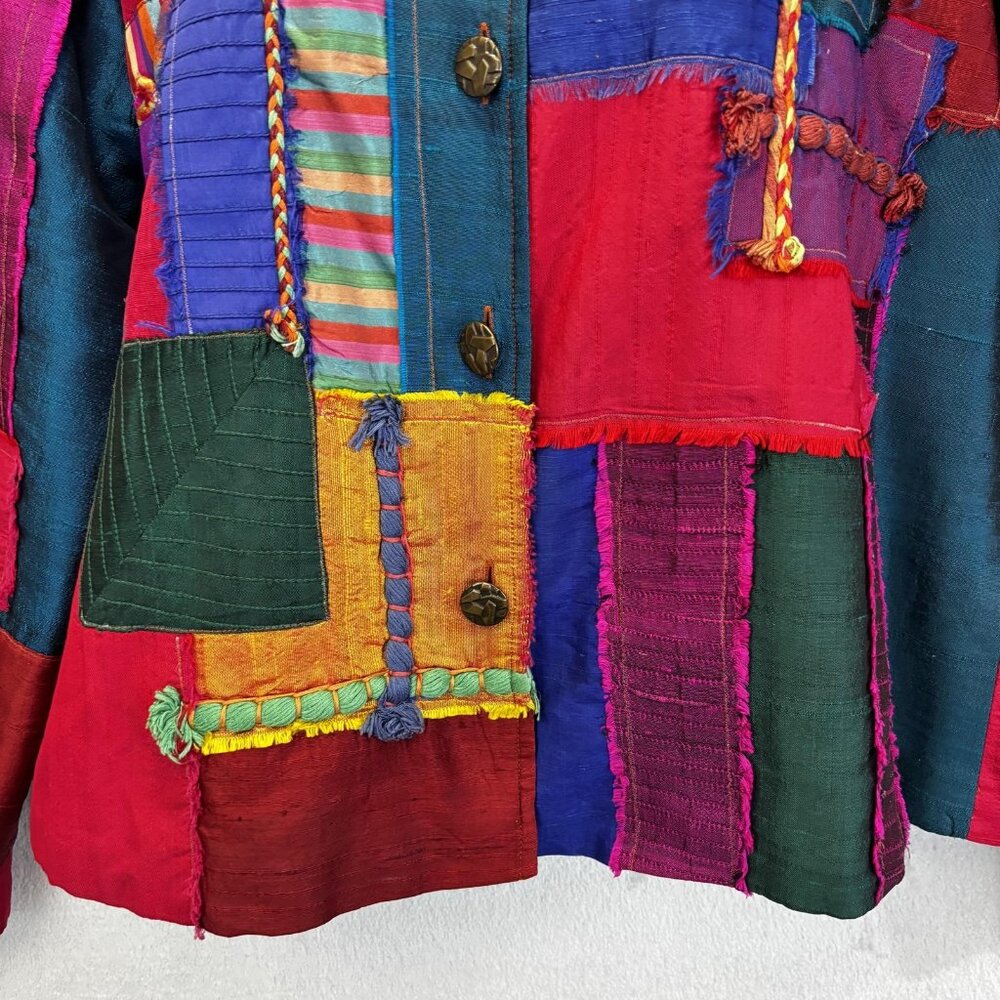 Coldwater Creek Patchwork Silk Blend Jacket Womens Large L Colorful Boho Hippie - Picture 7 of 16